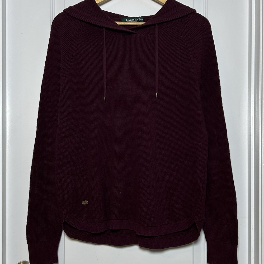 Lauren Ralph Lauren 100% Cotton Burgundy Waffle Knit Drawstring Pullover Hoodie